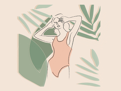 sun bathing art artline illustration minimalist summer tropical leaves vector