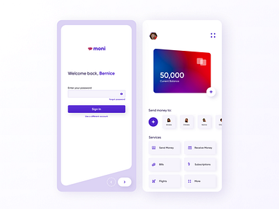 Moni - A minimalist payment app app app design behance design dribbble inspiration minimal minimalist payment payment app purple typography ui uiinspiration uiux uiuxdesign ux uxdesign web wip