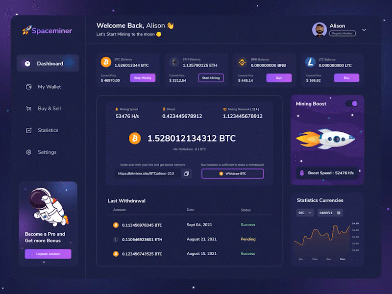 Spaceminer - Cryptocurrency Miner Platfrom animation animation after effects animation design bitcoin cryptocurrency dashboard design design concept interaction design miner mining motion motion graphics platfrom space ui ui animation ui design uiux ux design