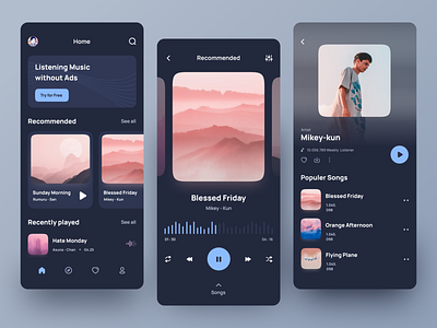 Music Player App - Music.in 🎵 app application artist audio clean cool dark mode design concept home minimalist mobile music pastel color player podcast streaming trending ui ux warm