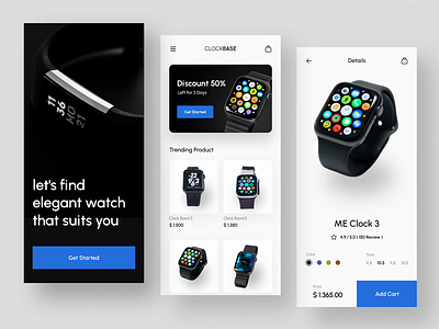 E-Commerce App - ClockBase animation app cart clean clock e commerce ecommerce light mode minimalist mobile modern motion graphics prototype shop shopping store ui ux watch watches