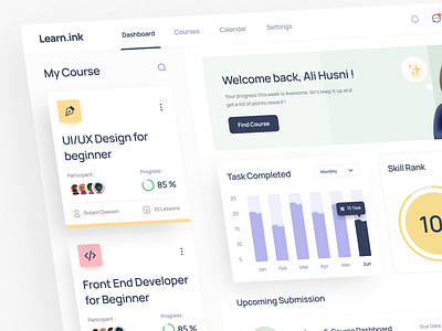 E - Learning Dashboard - Learn.ink analytics card chart clean course daily task dashboard design e course e learning graph learning minimalist modern student task ui ux web design website