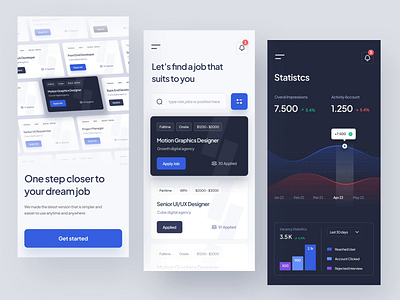 Job Finder Mobile Apps - Jobfind animation app card clean design hiring job job finder list minimalist mobile mobile app modern motion graphics onboarding statistics ui uiux ux vacancy