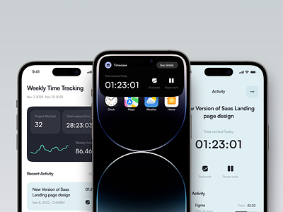Time Tracker with Dynamic Island - Timecase animation app clean dynamic island interaction ios ios 16 iphone 14 minimalist mobile mobile app animation motion graphics prototype stopwatch time tracker app timer app tracker tracking app ui ui animation