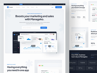 [Animation] Saas Landing Page - Manageko. animation component dashboard graph hero section infographics interaction interaction design landingpage market motion graphics motion ui prototype saas sales ui ui animation web design website website animation