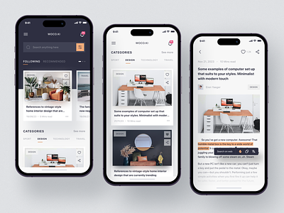 Article Mobile App - WOCO.KI 📖 app article article app blog book book app categories course design e book home learning minimalist mobile app mobile design news news app reading ui vintage