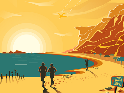 Golden beach adobe illustrator art beach flat gold illustration send sport sun sunrise sunset umbrella vector vector art vector illustration yello yellow