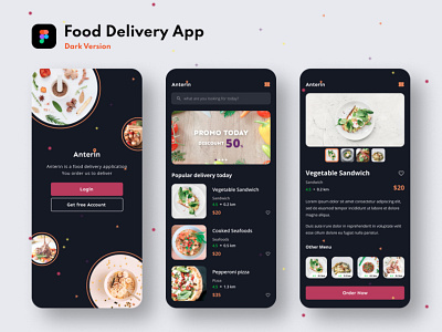 Food Delivery App Dark Version add app concept dark delivery figma flat food illustration mobile ui design vector