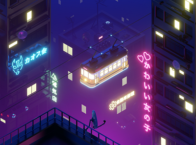 Cyberpunk Tram City 3d art 3d artist cyberpunk illustration low poly lowpolyart neon neon light neon sign tram