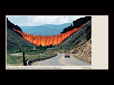 Valley Curtain, Rifle, Colorado, 1972. Christo and Jean Claude. art artist artwork black branding clean design minimal orange simple typogaphy