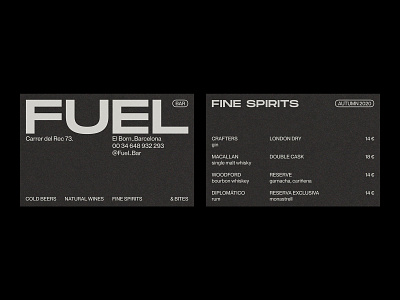 Fuel Bar – Visual Identity. artwork bar blackandwhite branding business card graphic design menu monochromatic restaurant branding spirits typography