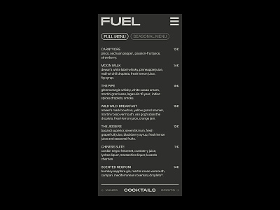 Fuel Bar – Visual Identity. black and white branding graphic design menu bar menu design mobile menu monochrome restaurant branding typography ui