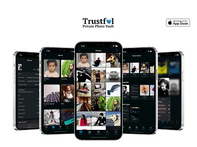 Trustful Dark Mode (iOS, iPadOS & macOS) app apple branding dark design graphic design ios ipados logo mac macos mockup photo privacy simple trustful ui user interface ux vault