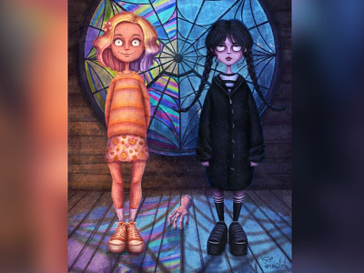 Wednesday & Enid atmosphere beautiful girls board game art book illustration card game art character character design characters enid fanart fantasy gothic gothic girl gothic style illustration illustrations magical packaging illustration wednesday wednesday addams
