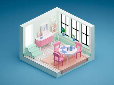 Small Dining Room 3d blender dining room illustration isometric low poly miniature