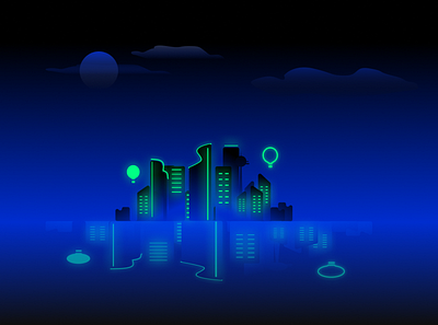 Neon night city illustration 2021 blue city dark theme dribbble best shot figmadesign illustration landscape neon neon colors night nightlife vector