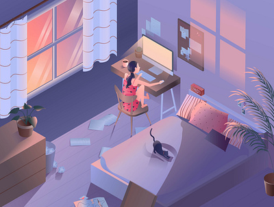 Isometry girl isometric illustration sunrise vector