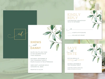 Wedding Invitation Package brand custom type foil gold green illustration invitation invite logo marketing people print product rsvp save the date savethedate typogaphy watercolor wedding wedding invite