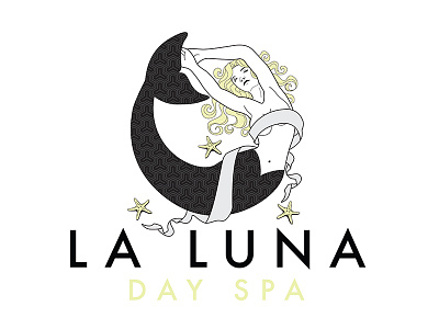 La Luna Day Spa - Logo and Additional Materials black brochure business cards deck gift certificate logo design mermaid spa store signage teal yellow