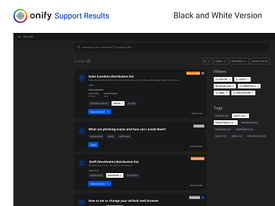 Onify Support Results Black and White Version dashboard design dashboard ui redesign ui