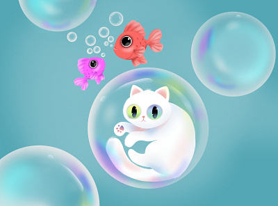 Cat in a bubble 2d art bubbles cat character colors design fish grains illustration procreate water