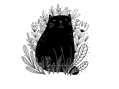 Black cat and flowers black cat cute design floral flowers hand illustration ink white