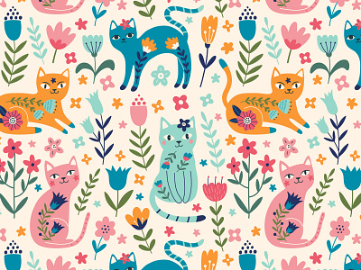 Pattern with cats and flowers animal decoration design floral flowers hand illustration repeat textile vector
