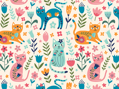 Pattern with cats and flowers