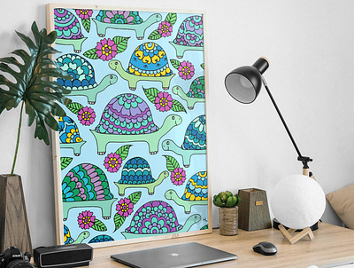 Tortoises Blue Palette Wall Art desk drawing home decor illustration pattern pattern design tortoise turtle wall art