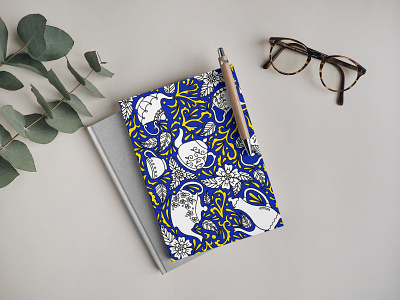 Tea Time Blue Palette Notebook with Pen blue design desk desktop design drawing elegant england floral illustration london notebook tea tea cup tea pot tea time