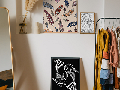 Feathers, Cranes, and Koi Fish Art Prints