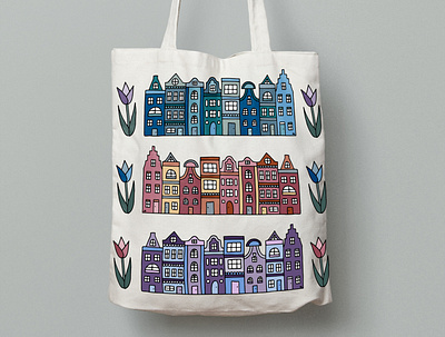 Amsterdam Houses and Tulips Tote Bag amsterdam city city illustration colorful drawing dutch holland mockup tote bag tulips
