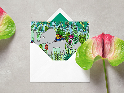 Elephant Mom and Baby Card baby botanical card design drawing elephant elephants floral home decor illustration jungle print stationery tropical
