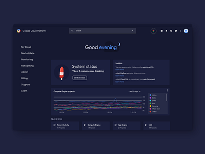 GCP dashboard: envisioning a dark theme clean ui dark mode dark theme ui enterprise enterprise software explorations illustrations platform design rebranding ui design ux design visual design