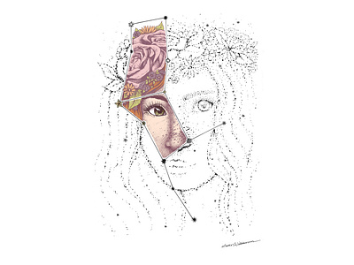 Virgo constellation conceptual constellations digital art drawing floral crown flowers freckles girl illustration green eyes pen drawing photoshop art redhead stars virgo zodiac woman illustration zodiac art