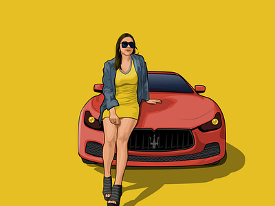 Girl wth red car art background blue branding car cartoon dress gradient graphic design icon illustration portrait red sexy girl sunglasses ux yello