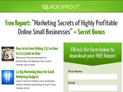 QuickSprout Free Report Landing Page design landing page marketing web