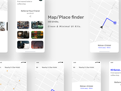 Map/Place finder - iOS UI Kits direction find finder hotel hotel finder house iphone location map mapping place finder principle search search results ui uiux