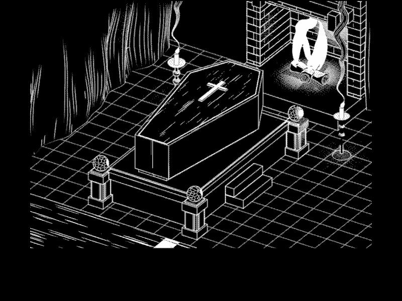 DOSoween 3d adventure black and white bw c4d coffin dither dos game ghost halloween isometric