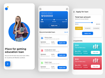 Education loan app app color palette design education icon illustrator loan logo minimal onboarding screen typeface typogaphy typography ui ui design ux