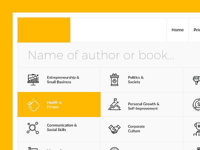 Books App - Multifunctional Header Menu books business categories header icons menu ui part yellow