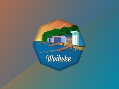 Waiheke Theme badge beach blue sea sunset waiheke water