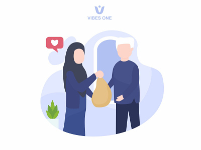 women give gift to old man characters flat illustration indonesian muslim simple sosial traditional