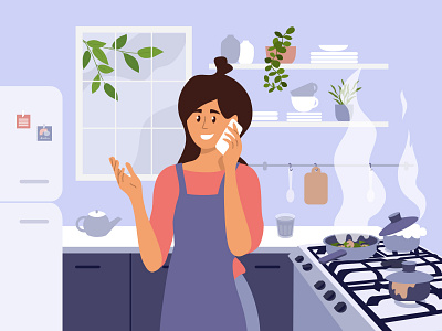 How are you doing burned busy cooking design dinner distracted fire girl girl character illustration kitchen lifestyle meal mother phone call routine stove talking vector woman