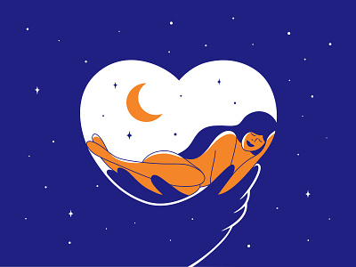 In the arms of the night arm bedtime dream embrace female girl girl character hand heart illustration lifestyle moon night relax sky sleep sleeping star vector woman