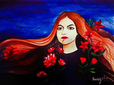 Girl in flower garden acrylic painting quarantine time stay in home stay safe