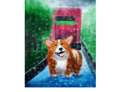 ENJOYING THE RAIN.. adobe adobefresco adobeillustration animation attractive eyes corgi corgi puppy corgi smile corgieyes digital illustration digital painting during quarantine enjoying the rain illustration love for art rain rainy day sky train tree