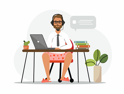 work from home bearded clerk freelancer illustration isolation laptop man manager office pants programmer remote slippers tie vector work from home workflow