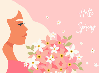 Hello Spring blond card design flowers girl illustration spring summer ui vector woman