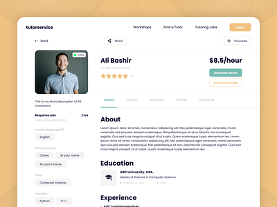 Profile page - about about design tutor profile ui ux
